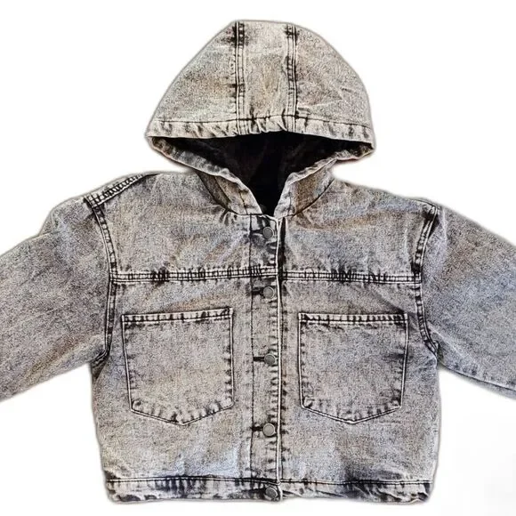 Ashley-Vintage Charm Women Cropped Denim Hoodie Jacket Faded Black L - Picture 3 of 8